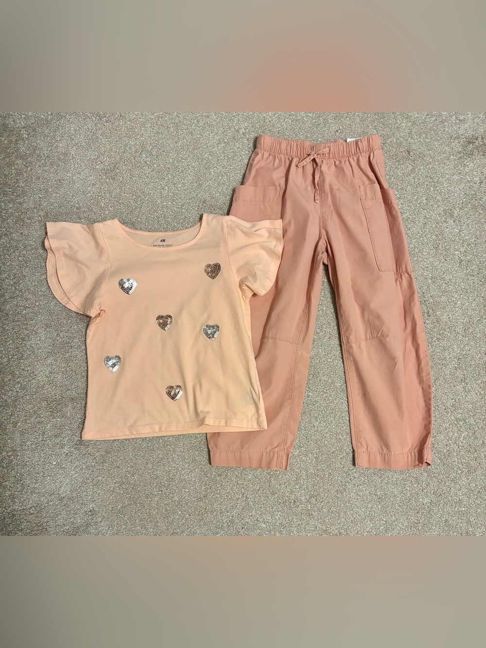 Girls H&M Peach Sequin Heart Top & Dusty Peach Pant Size 6